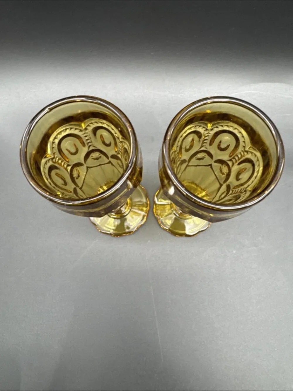 VTG MCM LE Smith Glass Moon Stars Amber Bud Vase Pair Fall Decor